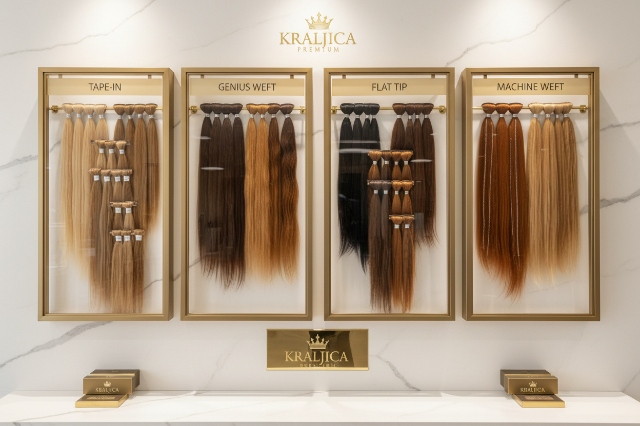 generate me a wall of kraljica luxury hair extensions 16-28 in tape in, genius weft, flat tip, and machine weft,